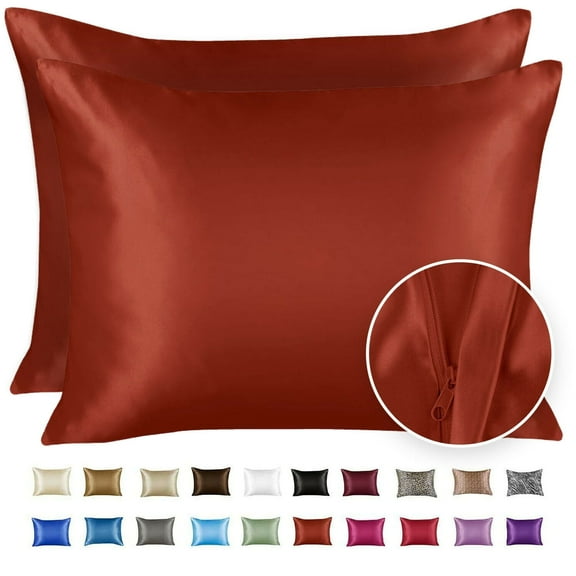 Blissford Luxury Rust Satin Pillowcase with Zipper Closure, Queen 2-Pack