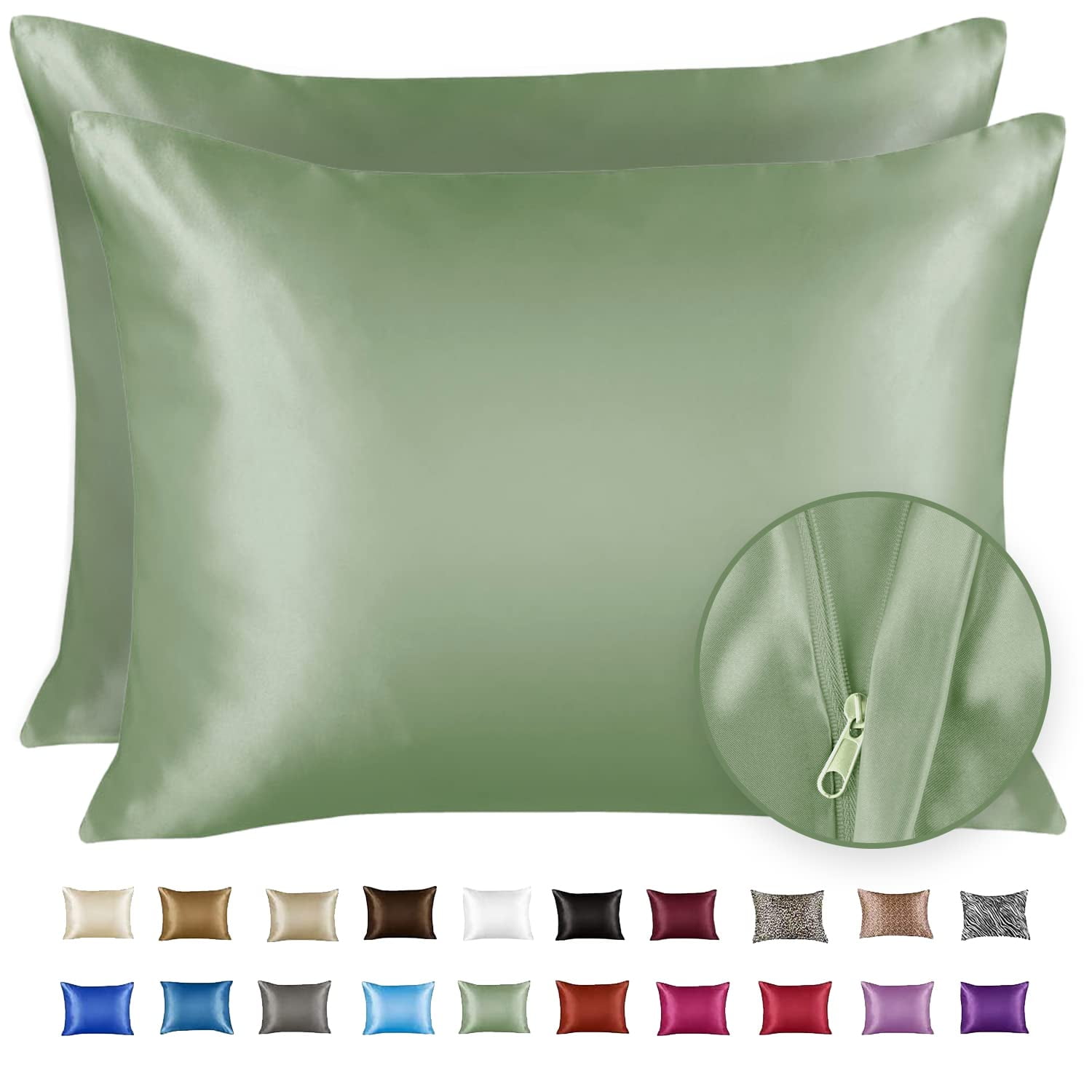 Sage Green Satin Silk Pillowcase Set with Zipper Closure, Standard Size