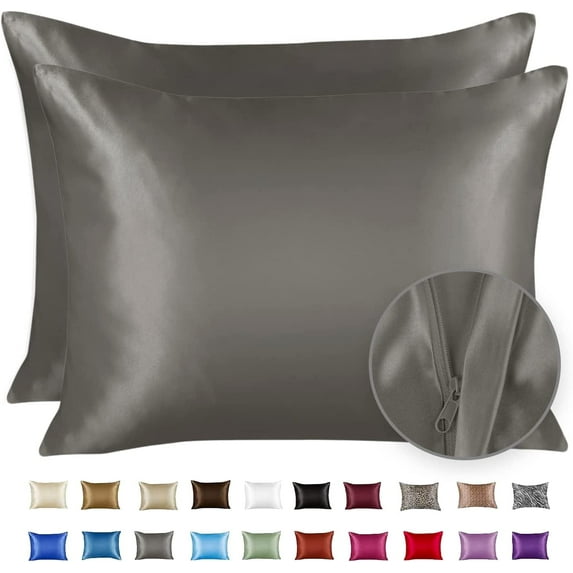 Blissford Luxury Silver Satin Pillowcase with Zipper Closure, Standard 2-Pack