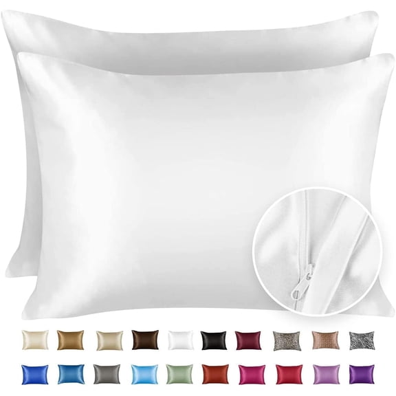 BLISSFORD Satin Pillowcase with Zipper, for Hair and Skin Care, Feels Soft and Cool Like a Silk Pillowcase, Satin Pillow Cases 2 Pack, Silk Pillow Cover, White - King Size, Set of 2