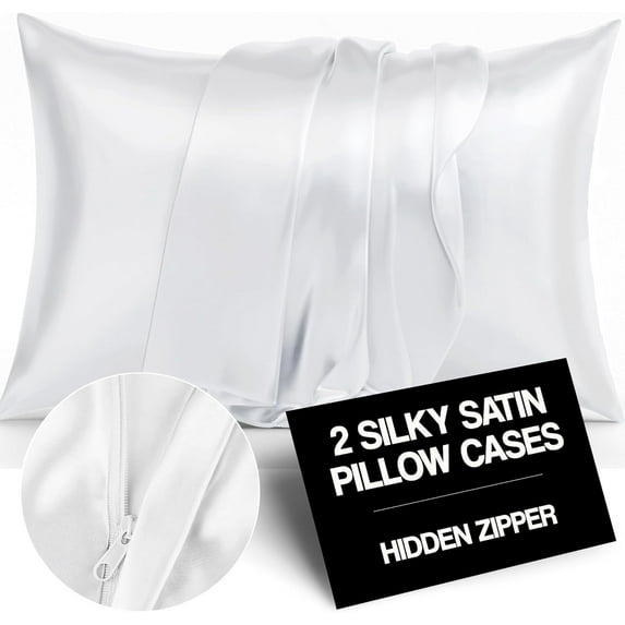 Blissford Luxury White Satin Pillowcase with Zipper Closure, Queen 2-Pack