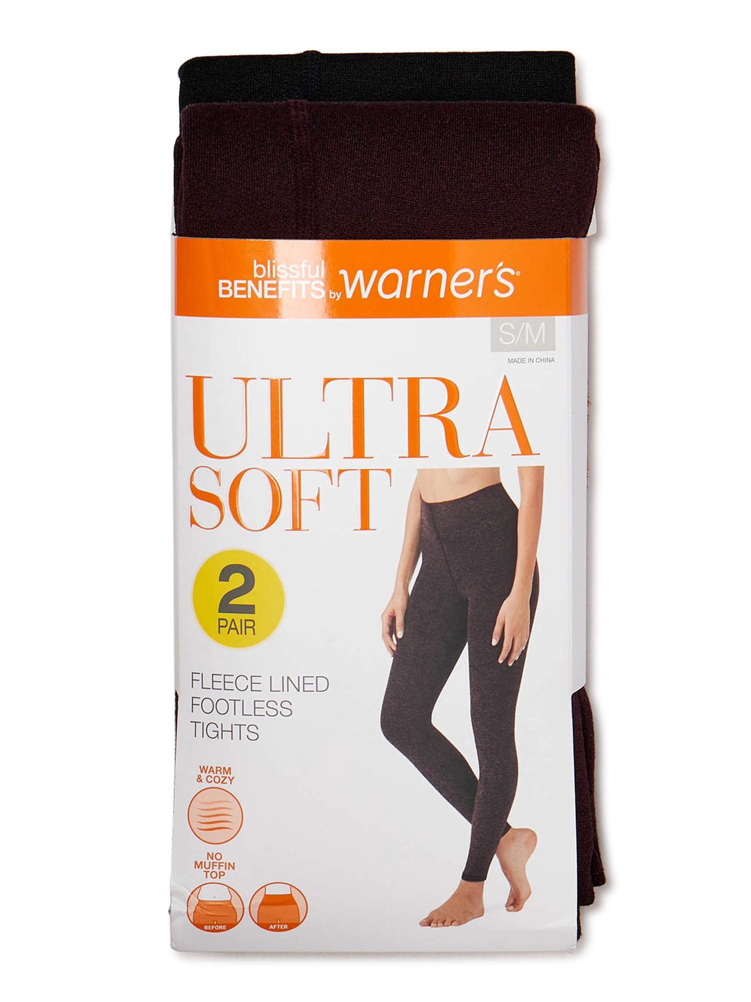 Blissful Benefits by Warner's Women's Footless Fleece Lined Tights, 2 Pack