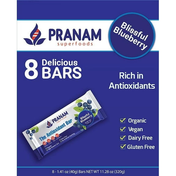 Pranam Bars Blissful Blueberry Crunchy Antioxidant Bars, Organic, Gluten-free, Dairy-free, 8 Count, 11.28 oz