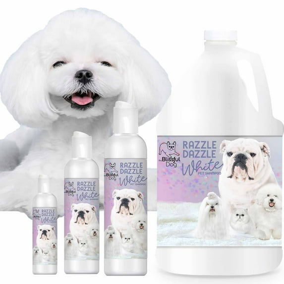 The Blissful Dog Razzle Dazzle White Pet Shampoo for Next Level White I Natural Whitening Shampoo I Cleanses, Whitens & Brightens Dingy, Dirty Coats I 4-Ounce Bottle