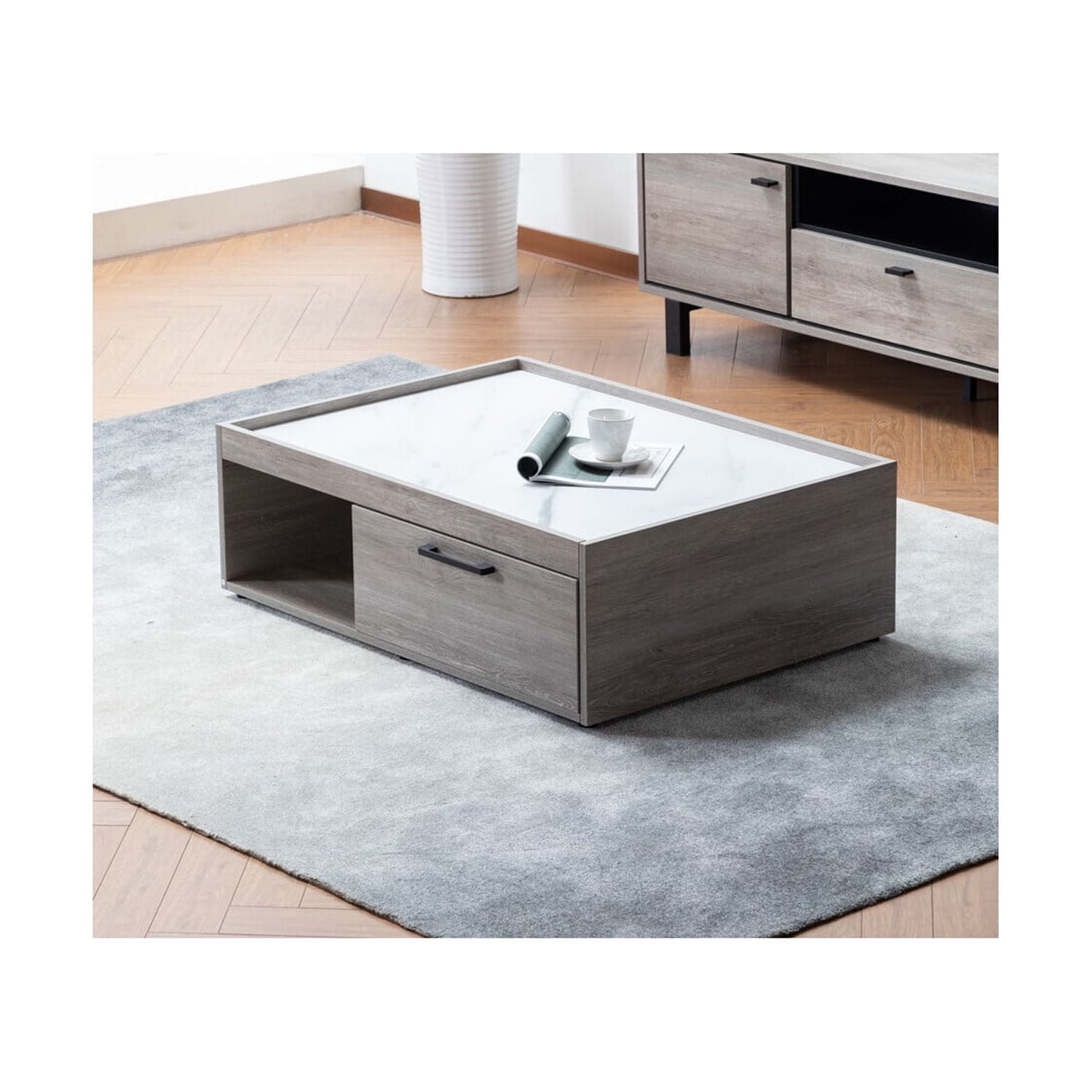 Blissful Nights Mountain Lodge Gray Oak Finish Coffee Table With Marble