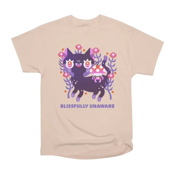 Blissfully Unaware Cat and Mushroom Design T-Shirt Tee Gift For Him ...
