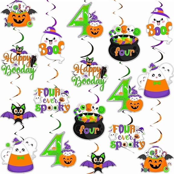 Blisstock 24Pcs Halloween Birthday Hanging Swirl, Four Ever Spooky Happy Booday Decoration Cute Ghost Pumpkin Halloween Ceiling Streamers for Boys Girls Outdoor Indoor Halloween 4th Birthday Supplies
