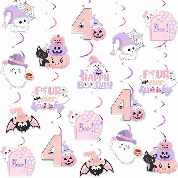 Blisstock Halloween 4th Birthday Hanging Swirls Pink, Cute Ghost Pumpkin Boo Ceiling Hanging Streamer Decor Four Ever Spooky Happy Booday Decor for Girl Halloween Spooky Birthday Party Decor Supplies