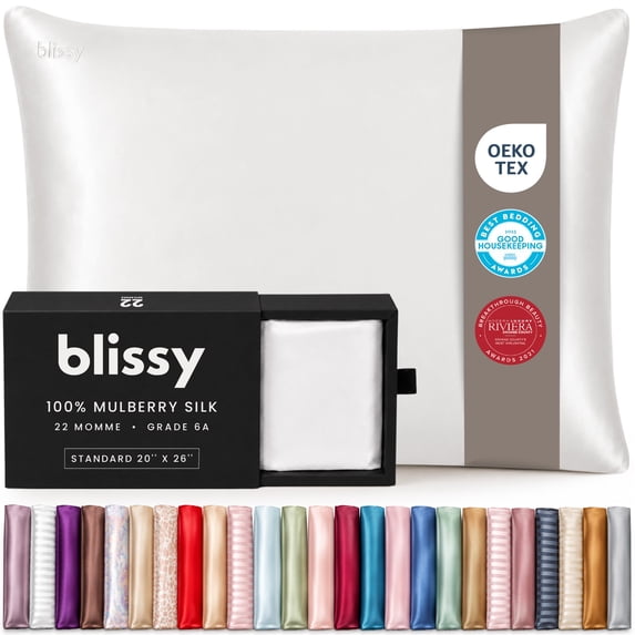 Blissy 100% Mulberry Silk Pillowcase for Hair and Skin, 22 Momme Grade 6A Silk Pillow Case with Hidden Zipper, Standard, White