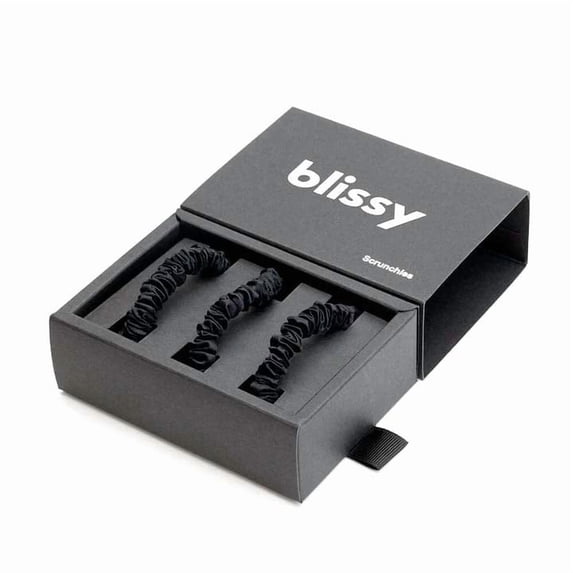 Blissy Silk Scrunchies (3 Pack) - 100% Pure Mulberry Silk - 22 Momme 6A High-Grade Fibers - Silk Scrunchie for Straight & Curly Hair - Preventing Breakage, Tangling, & Creasing (Black Skinny)