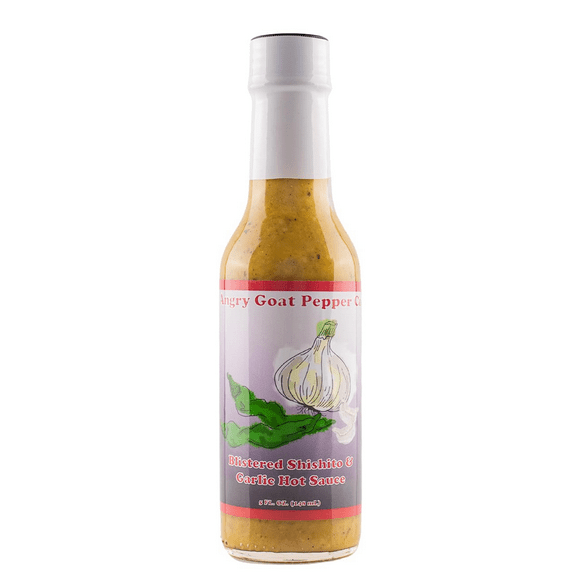 Blistered Shishito & Garlic by Angry Goat Pepper Co, Mild Heat Hot Sauce with Flavors of Shishito Peppers & Green Jalapenos, 5 fl oz Bottle (1-Pack)