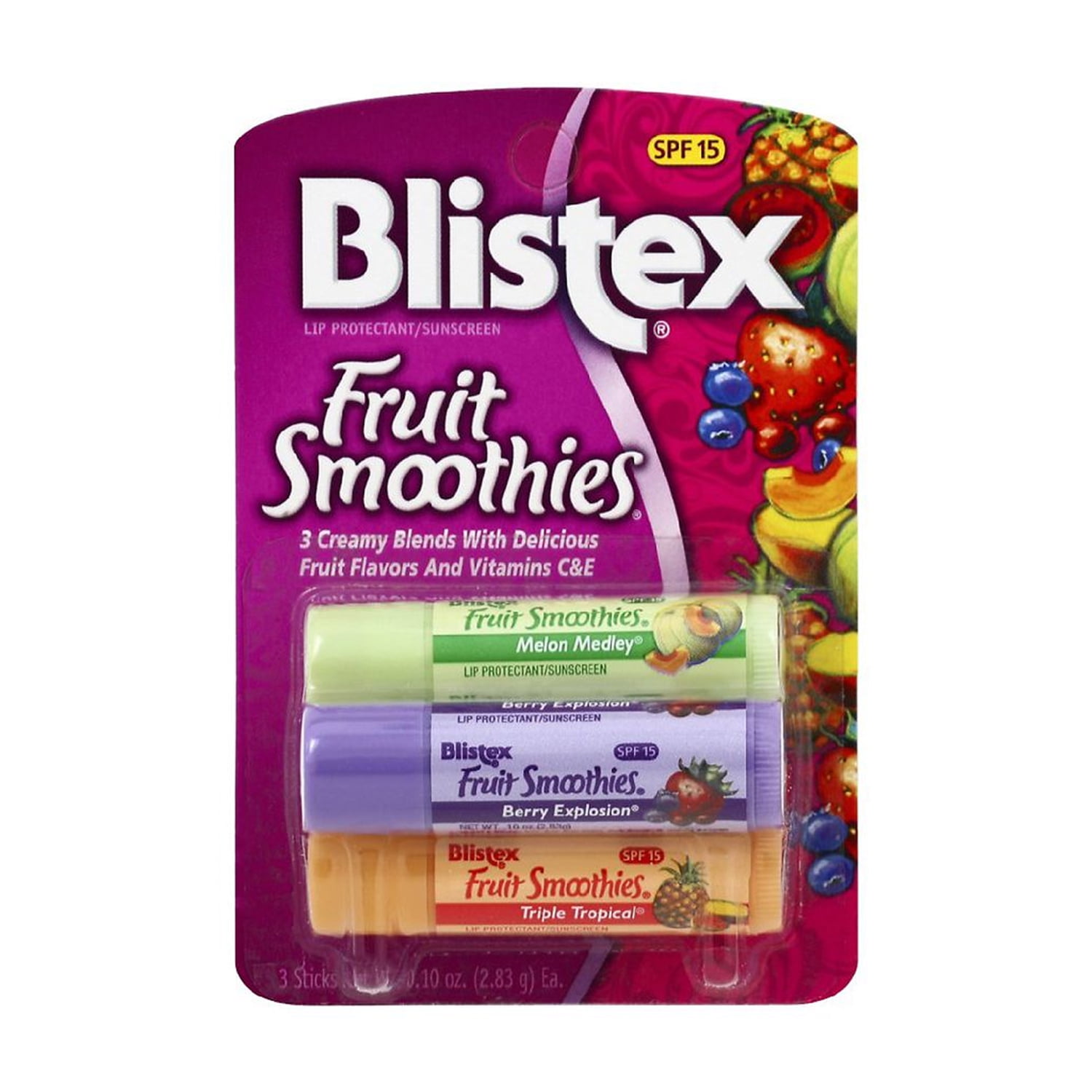 Blistex Fruit Smoothies Lip Moisturizers 3 Sticks 0.10 Oz. 3/PK, Pack of 6