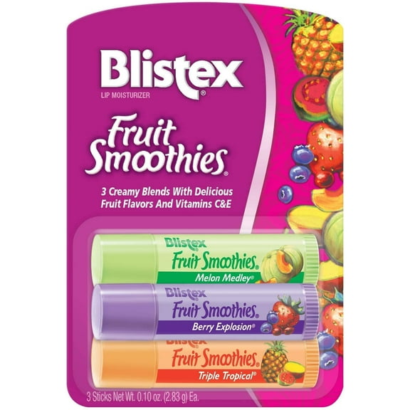 Blistex Lip Moisturizer Fruit Smoothies, 3 Creamy Blends, Melon Medley, Berry Explosion, Triple Tropical, 0.10 oz Each