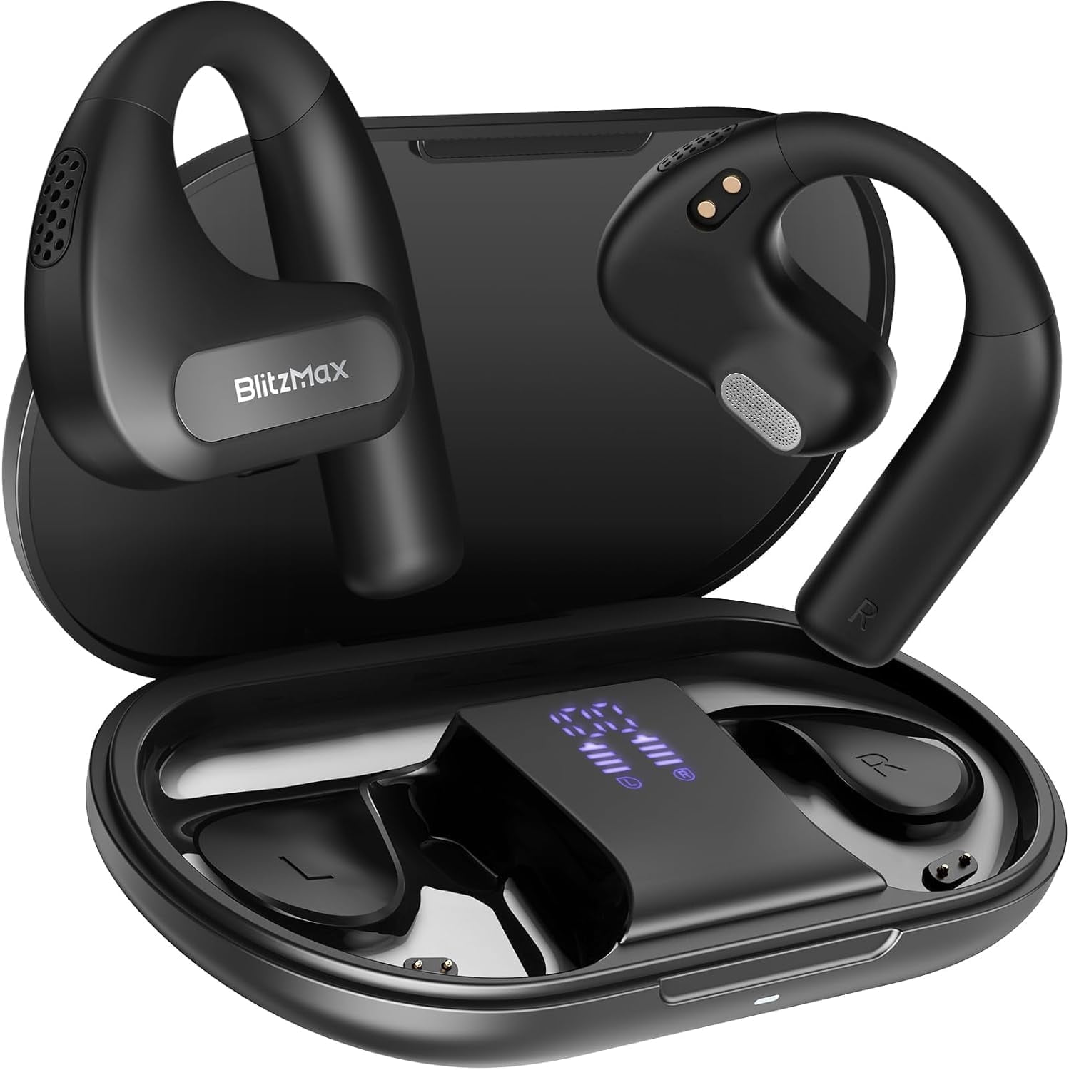 BlitzMax Open Ear Headphones,True Wireless Bluetooth 5.3 Open Ear Earbuds, Enhanced Bass 16.2mm Drivers, Long-Lasting Comfort, 60H Playtime LED Display, IPX5 Waterproof for Sports, Driving
