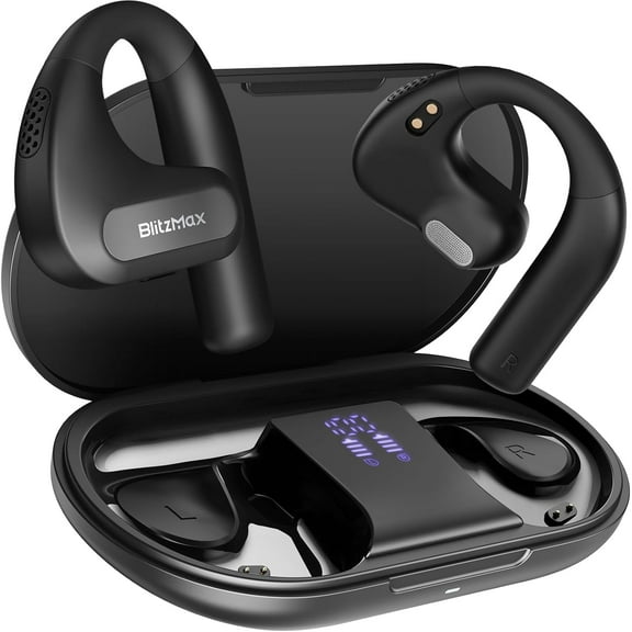 BlitzMax Open Ear Headphones,True Wireless Bluetooth 5.3 Open Ear Earbuds, Enhanced Bass 16.2mm Drivers, Long-Lasting Comfort, 60H Playtime LED Display, IPX5 Waterproof for Sports, Driving