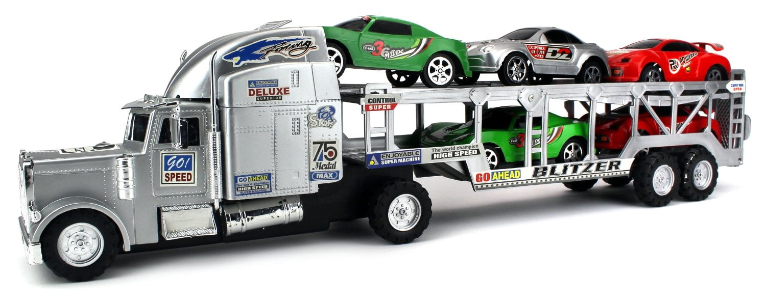 Blitzer Race Trailer Children's Kid's Friction Toy Truck Ready To Run w/ 5 Toy Cars, No Batteries Required (Colors May Vary)