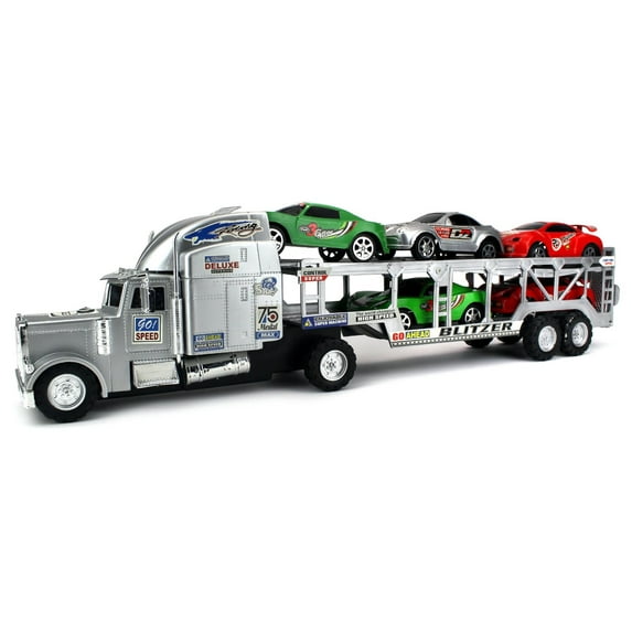 Blitzer Race Trailer Children's Kid's Friction Toy Truck Ready To Run w/ 5 Toy Cars, No Batteries Required (Colors May Vary)