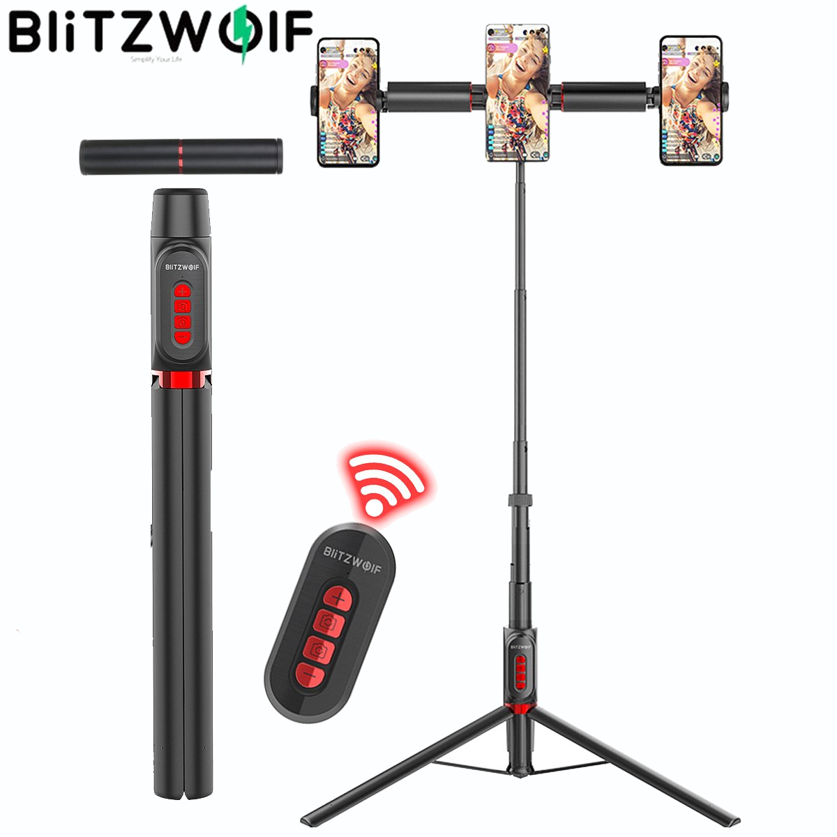 Blitzwolf Bluetooth 5.0 Selfie Stick, Multi-Device Tripod in One, Wireless Remote Control with Horizontal Rotation Adjustment, Phone Ring Light, Adjustable Length, Suitable for DSLR YouTube Tiktok Mak - image 1 of 11