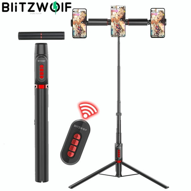 Blitzwolf Bluetooth 5.0 Selfie Stick, Multi-Device Tripod in One, Wireless Remote Control with Horizontal Rotation Adjustment, Phone Ring Light, Adjustable Length, Suitable for DSLR YouTube Tiktok Mak