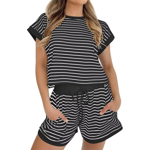 Bliwov Womens 2 Piece Pajama Lounge Sets Striped Tops Short Sleeve T Shirts Mini Shorts With Pockets Waffle Summer Outfits