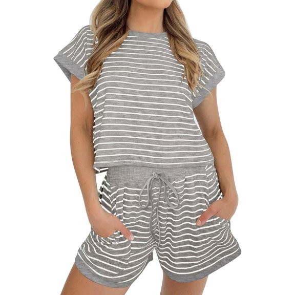 Bliwov Womens 2 Piece Pajama Lounge Sets Striped Tops Short Sleeve T Shirts Mini Shorts With Pockets Waffle Summer Outfits
