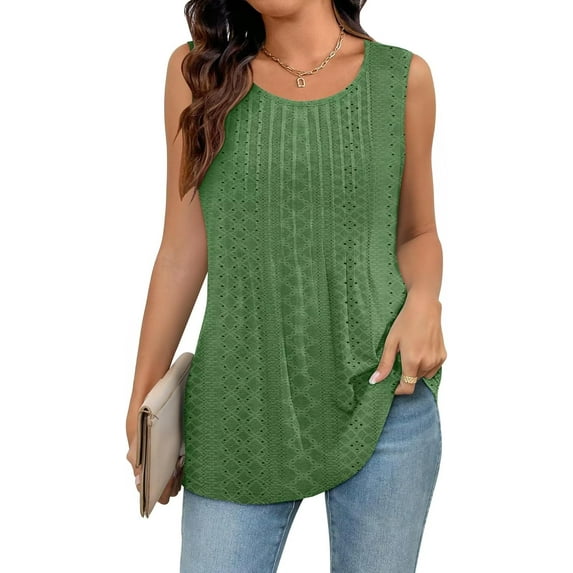 Bliwov Womens Tank Tops Eyelet Embroidery Pleated Shirt 2024 Summer Crew Neck Sleeveless Trendy Loose Fashion Clothes