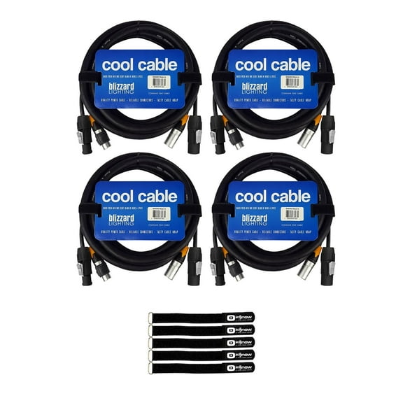 Blizzard Lighting DMX5PCT-10 10 FT IP Rated 5-Pin DMX + PowerCON TRUE1 Compatible Combo Cable 4-Pack