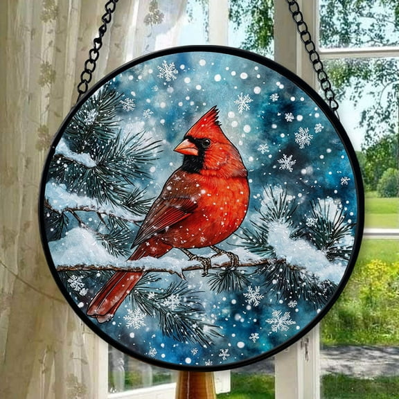 Blizzard Scarlet Red Cardinal Stained Glass Window Hanging Suncatcher, Suncatcher Stained Glass Christmas Halloween, Stained Glass Ornament 2025, Holiday Decoration, Seasonal