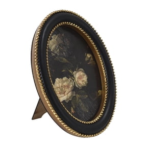 Home Decor Collection 6x8 Gold Ornate Black Round Wall Art or Tabletop, White Rose Floral Print by Antoine Monnoyer with Gold Beaded Frame, Classic Decorative Artwork