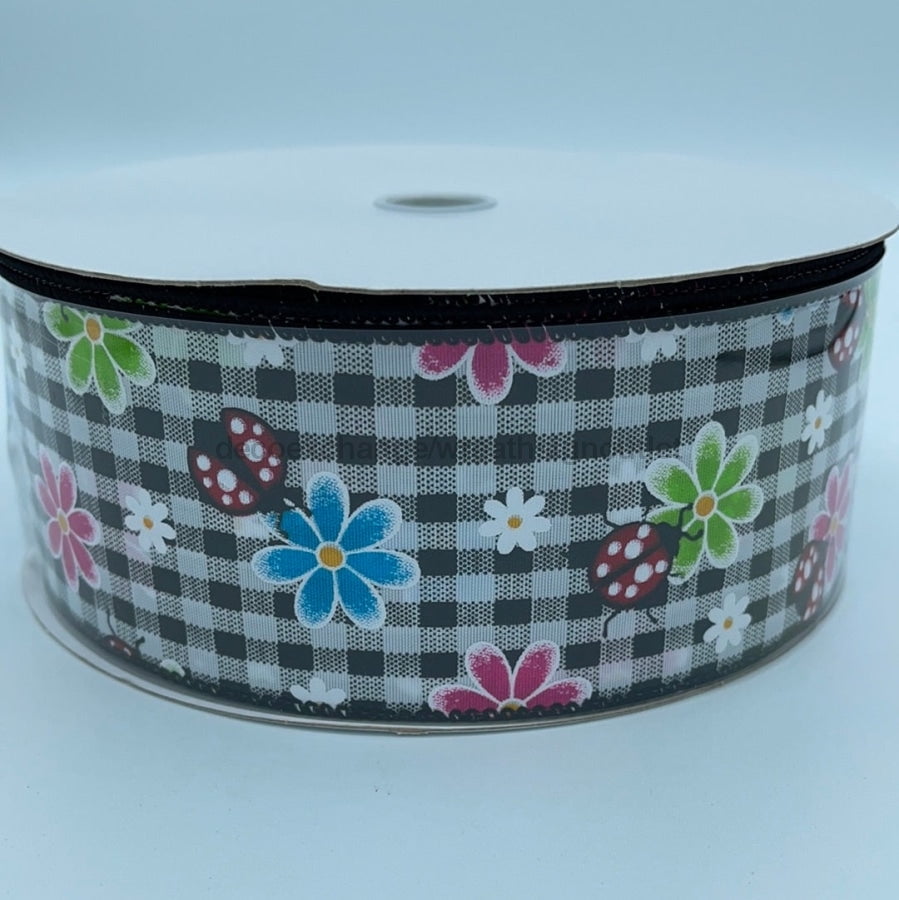 Blk-Wht Ginghm/Fu-Bl-Lm Daises-Ladybugs, 2.5"X50Y 841-40-216