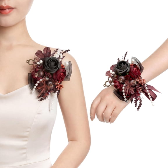 Blk-black & Gothic Burgundy Dual-Wear Wrist/Shoulder Corsage Set for Proms & Weddings