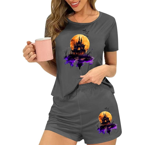 Blmnix 2 Piece Pajama Set Pajama Sets for Women 2 Piece Petite Halloween Pajamas Sleepwear Sets Pajama Short Sleeve Crew Neck Gray Soft Pajama Set for Women,M