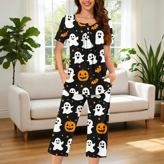 Blmnix 2 Piece Pajama Set Pajamas for Women Sleepwear Sets Plus Size Halloween Pajamas Pajama Black Crew Neck Short Sleeve 7/8th Womens Summer Pajamas,S
