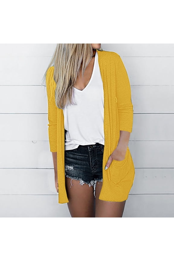 Blmnix 2024 Jackets for Women Cardigan Yellow Solid Long Sleeve Long Lightweight Open Front Jackets for Woman Comfy