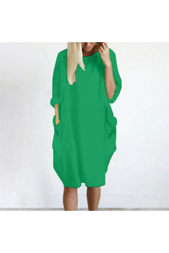Blmnix 2024 Womens Dresses Mid-Length Plus Size Green Long Sleeve Pocket Modest Shirt Dress Dresses for Woman Tea Party