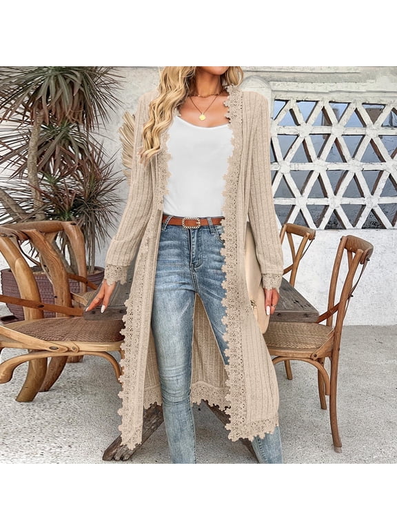 2025 Winter Jackets for Women Duster Lace Open Front Beige Women’S Tops Long Long Sleeve Tops