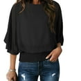 thumbnail image 1 of Blmnix 3/4 Sleeve Gym Shirts Workout Smocked Fall Black Women's Shirts Crew Neck Blouse, 1 of 7