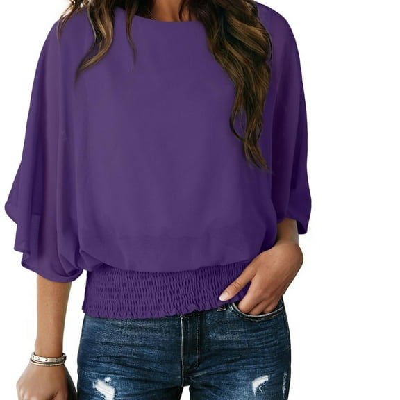 Blmnix 3/4 Sleeve Ladies Shirts Purple Fashion Smocked Basic Womens Tops for Fall Crew Neck Blouse