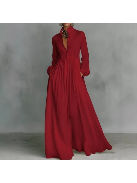 A Line Dresses Woman Dress Fit & Flare Flowy Dresses Under Dress High Neck Long Sleeve Red Maxi with Pockets Womens Summer Dress,S
