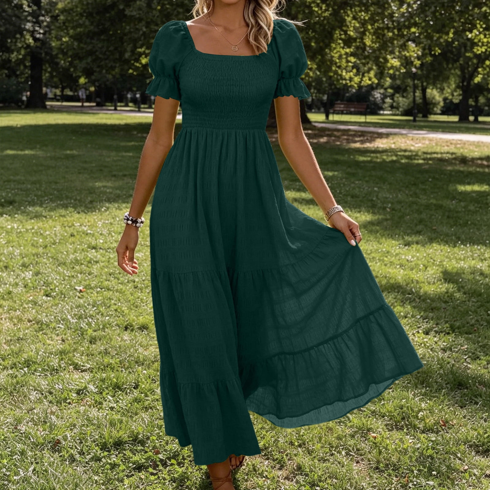 a-line dress petticoat Blmnix A Line Dresses for Women 2026 Elegant Vacation Fit & Flare Square Neckline Green Maxi Short Sleeve Summer Dress for Women L Draw String Waist Inner light blue tulip dress Discover 38 2000's Wedding Size:LL