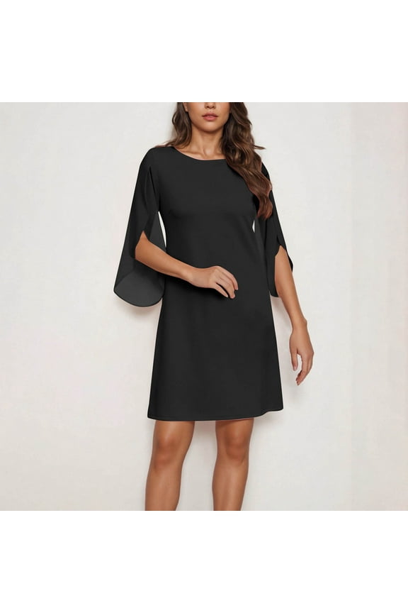 A-Line Women's Dresses Fashion Black Plain Mini Petal Sleeve 3/4 Sleeve Crew Neck Dresses