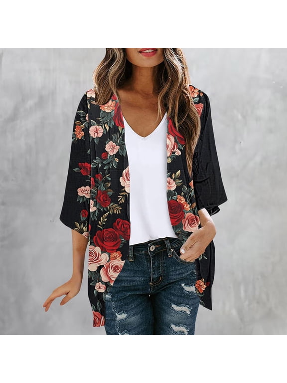 Adaptable Jacket Women Convertible High-Low Lightweight Cardigans Plus Size Coats 3/4 Sleeve Mid-Length Jackets for Women Trendy