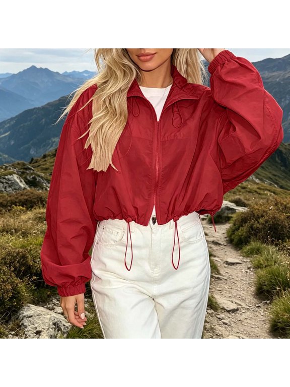 Adjustable Waist Women's Coats Sport Spring Drawstring Workout Jackets for Woman Rain Jackets Long Sleeve Red Zip Up Cropped Winter Jacket