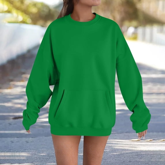 Blmnix Army Green Sweatshirt Plain Work Pullover Ladies Tops and Blouses Crew Neck Long Sleeve Workwear Tops