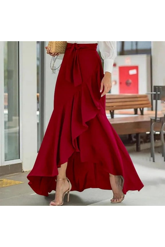Asymmetrical Womens Skirt Flowy Skirt Ruffle Skirt Skirts Red Belted Maxi Skirt Slip Skirt for Women,L