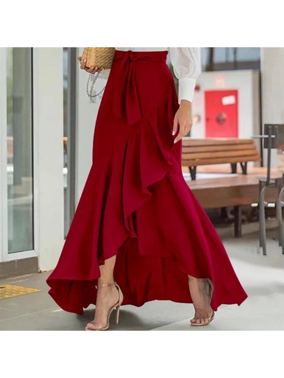 Asymmetrical Womens Skirt Flowy Skirt Ruffle Skirt Skirts Red Belted Maxi Skirt Slip Skirt for Women,L