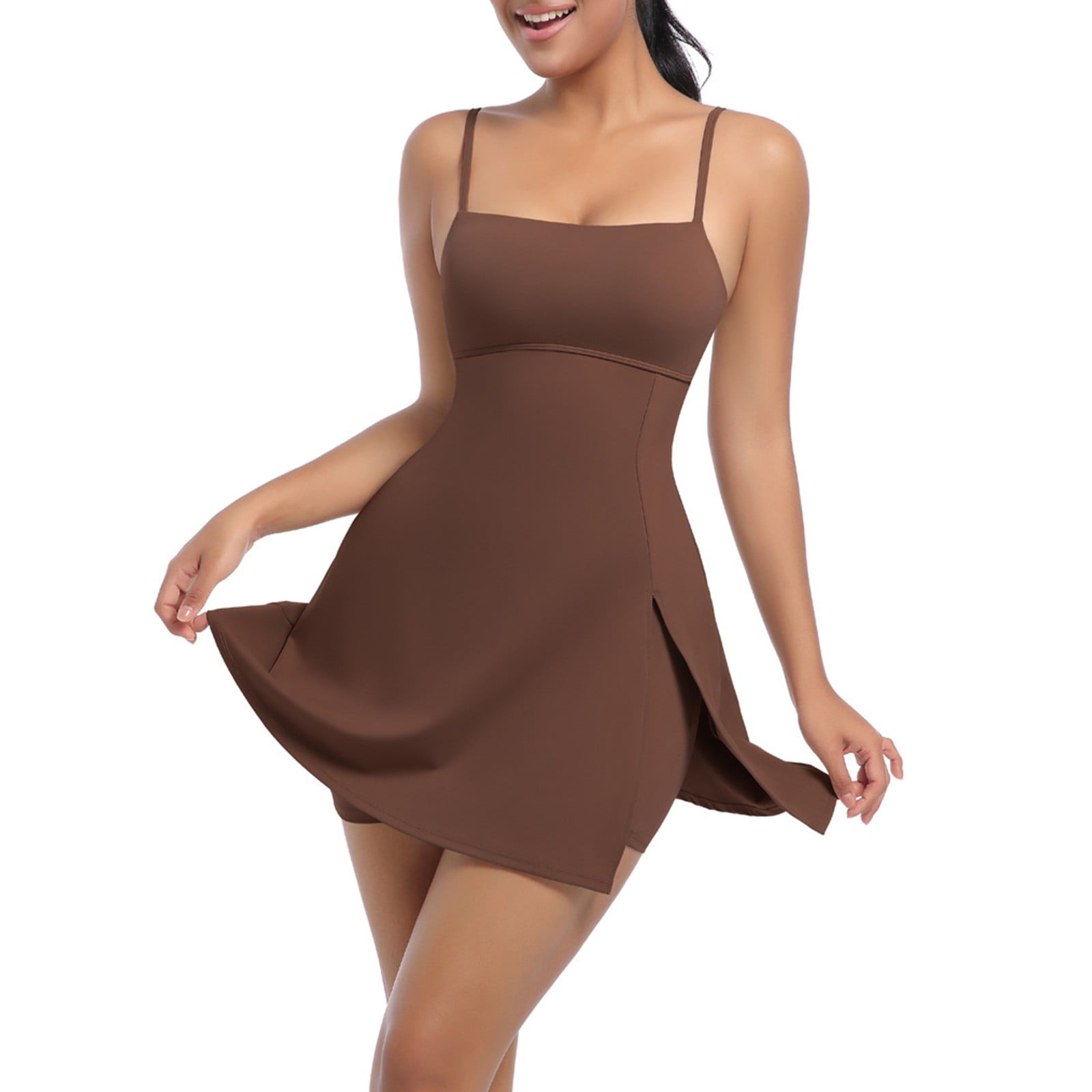 Blmnix Athletic Dress Ladies Dresses Tennis Dress Slip Dress Under Dress Brown Sleeveless Mini Square Neckline Adjustable Strap Casual Dress,M