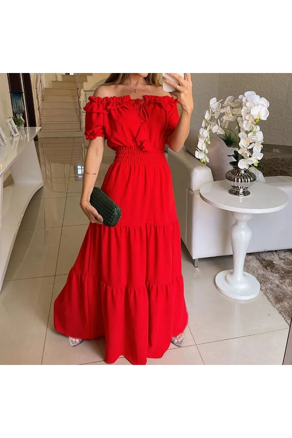 Blmnix 2024 Dresses for Women Maxi Spring Short Sleeve Red Off The Shoulder Solid Fit & Flare Pretty Teens Dresses