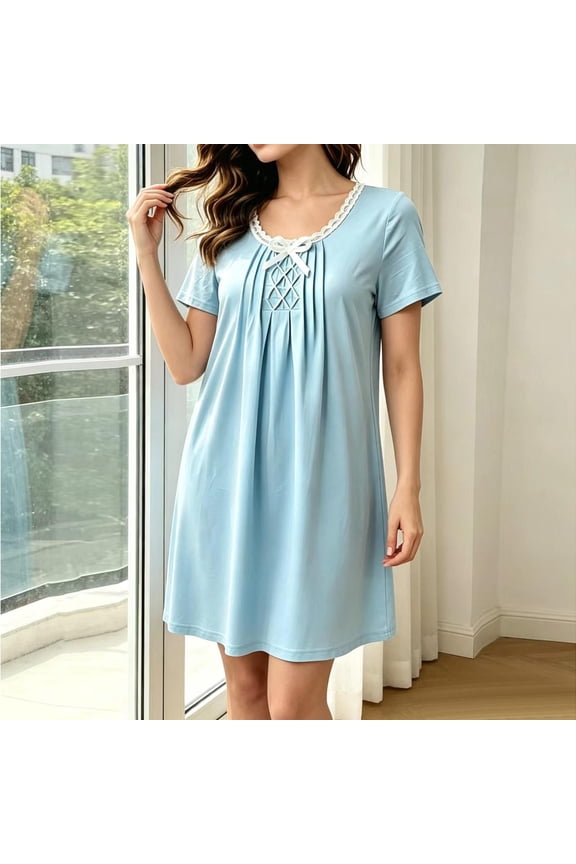 Babydoll Nightgown Nightgowns for Women Sleepshirts Cotton Nightgowns Sleep Shirts Above-the-Knee Crew Neck Short Sleeve Blue Moomoo Nightgown