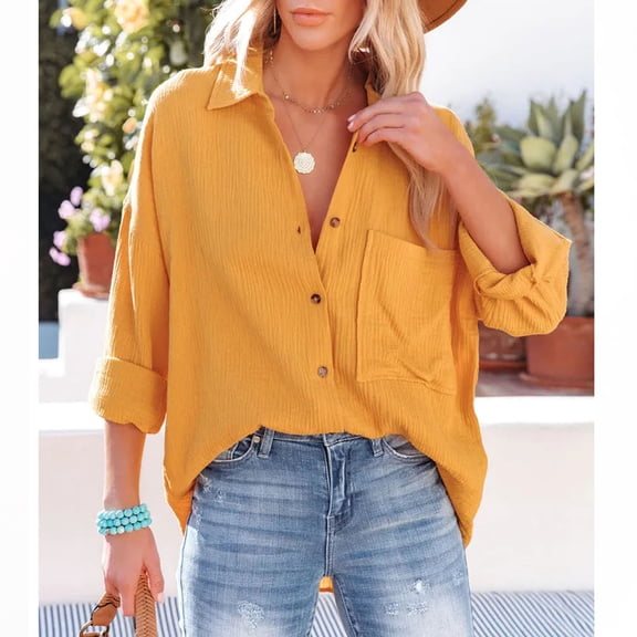 Blmnix Baggy Flowy Top Roll Up Western Shirts V-Neck Long Sleeve Blouses